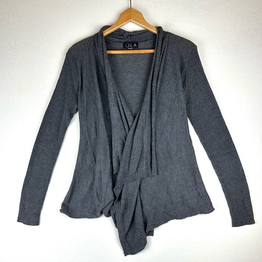 One A Open Front Drape Cardigan Sweater Asymmetrical Hem Office